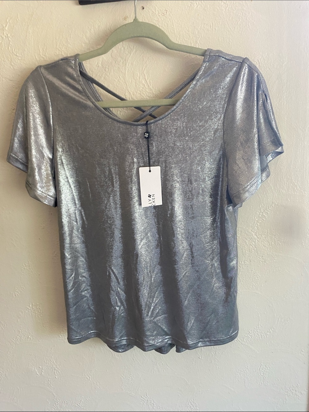 Molly Bracken Silver Metallic Short Sleeve Tee with Crisscross Back